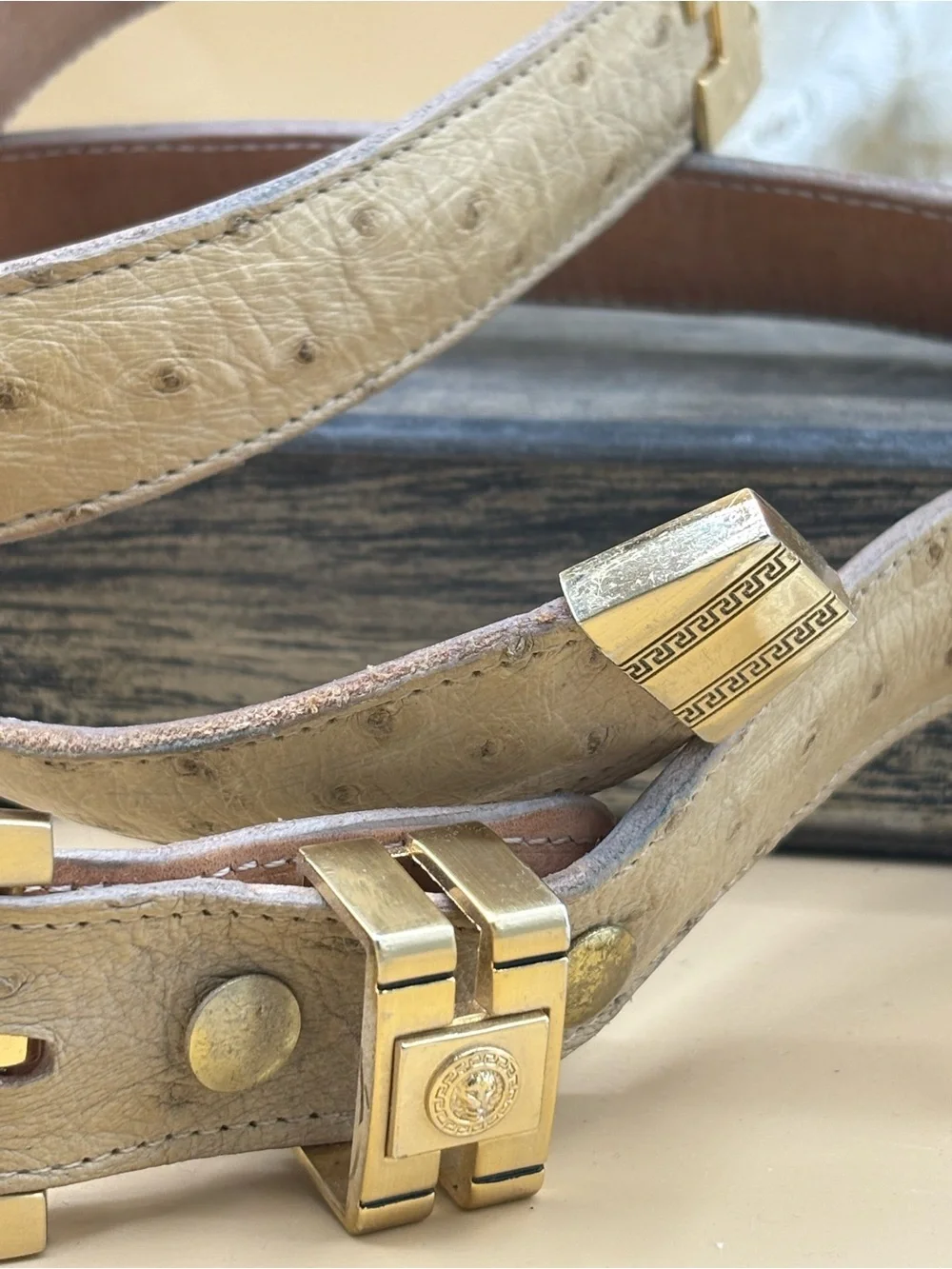 Genuine Beige Ostrich Leather Belt with Gold Hardwares